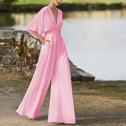 Winter Dress Jumpsuit Deep V Plunge High Waist Wide Leg Trousers