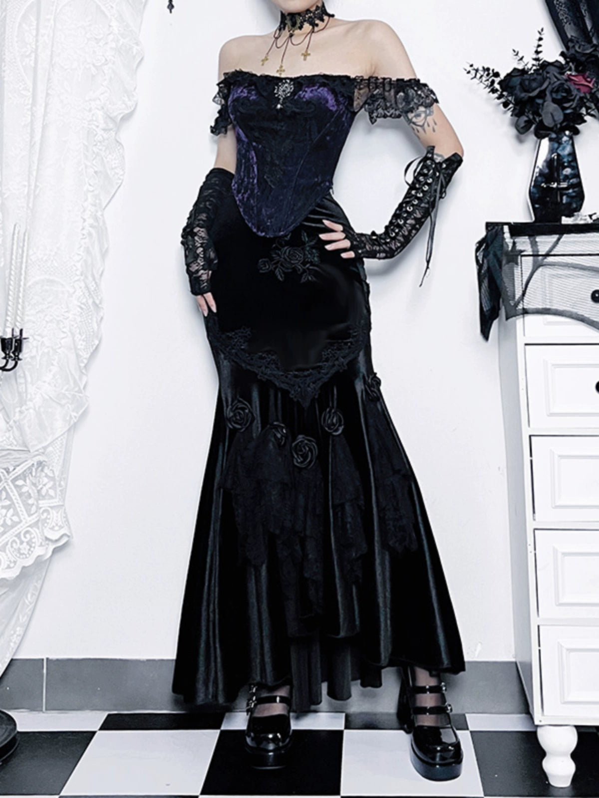 Wannathis Gothic Velvet Ensemble - Off-shoulder Lace Bodysuit With Mermaid Maxi Skirt