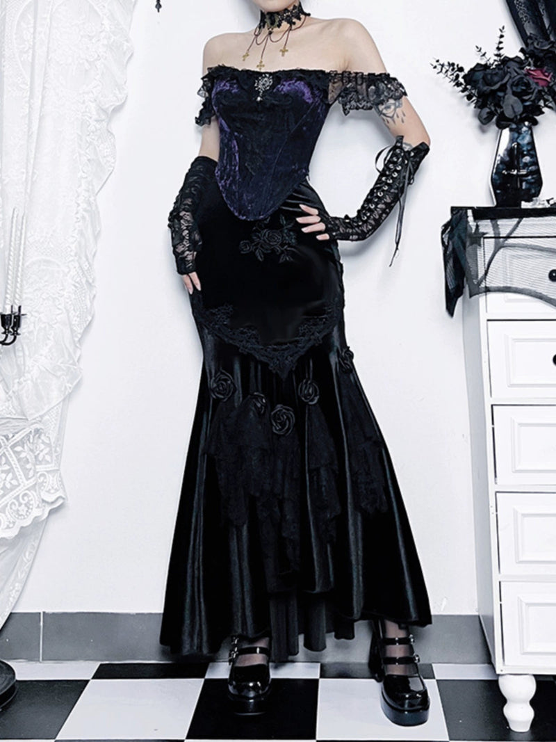 Wannathis Gothic Velvet Ensemble - Off-shoulder Lace Bodysuit With Mermaid Maxi Skirt