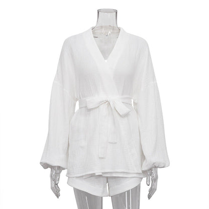 Summer White Lace-up Fashionable Top Loose High Waist Shorts Two-piece Set