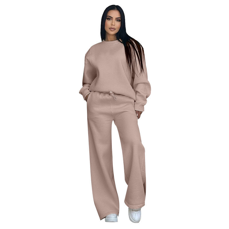 Autumn Winter Color Round Neck Long Sleeve Loose Wear Wide Leg Pants Suit