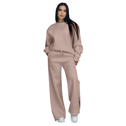 Autumn Winter Color Round Neck Long Sleeve Loose Wear Wide Leg Pants Suit