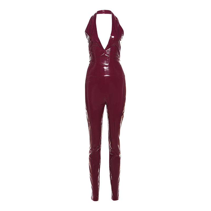 Autumn Winter Clothing Halter Backless Strap High Waist Zipper Slim Fit Trousers Faux Leather Two Piece Pant Sets
