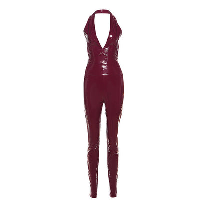 Autumn Winter Clothing Halter Backless Strap High Waist Zipper Slim Fit Trousers Faux Leather Two Piece Pant Sets