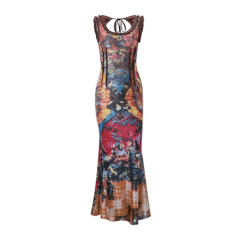 Clothing Summer Retro Tie Dyed Printed U Collar Slim Dress Maxi Dress
