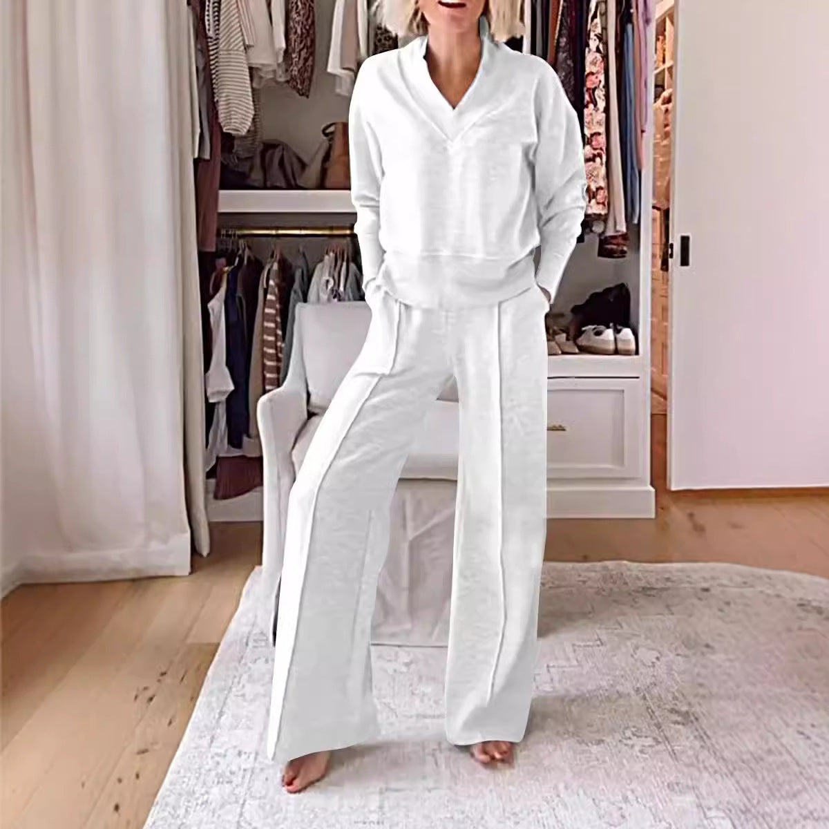 Autumn V Neck Long Sleeve Loose Top Wide Leg Pants Two Piece Set