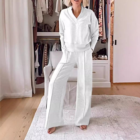 Autumn V Neck Long Sleeve Loose Top Wide Leg Pants Two Piece Set
