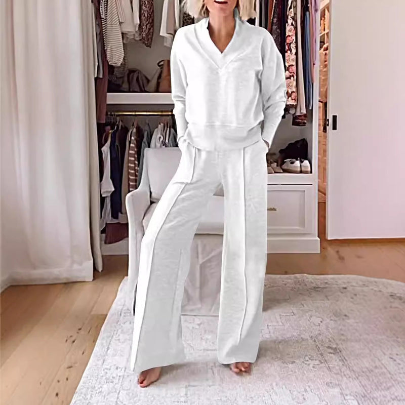 Autumn V Neck Long Sleeve Loose Top Wide Leg Pants Two Piece Set