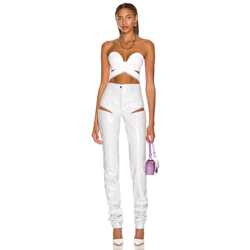 White Low Elastic Lace Lace Collared Blouse Open Faux Leather Hollow Out Cutout Out Trousers Stretch Two Piece Set Suit
