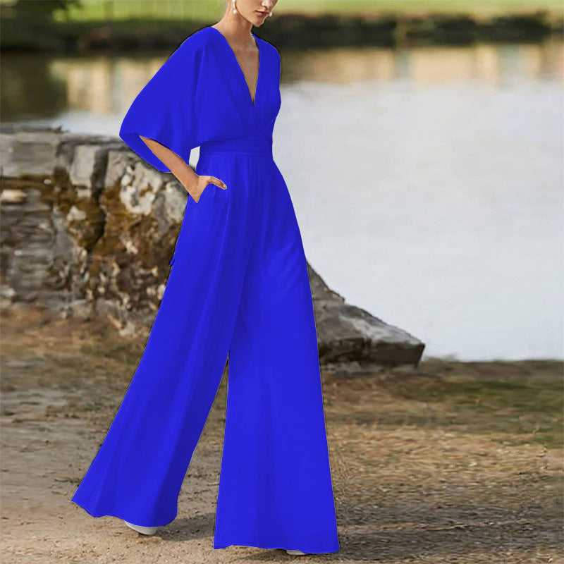 Winter Dress Jumpsuit Deep V Plunge High Waist Wide Leg Trousers
