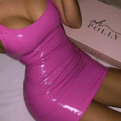 Metallic Coated Fabric Faux Leather Color Sling Dress Tight Leather Sleeveless Leather Hip