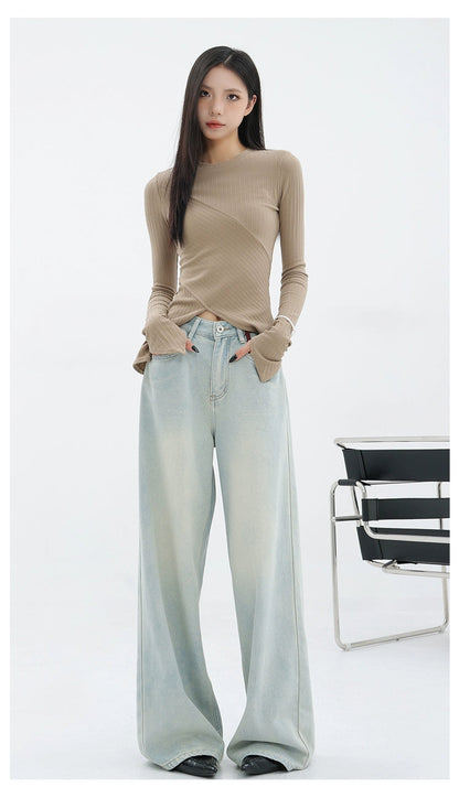 Light Blue Loose Straight Wide-leg Denim Pants With Embroidery Design