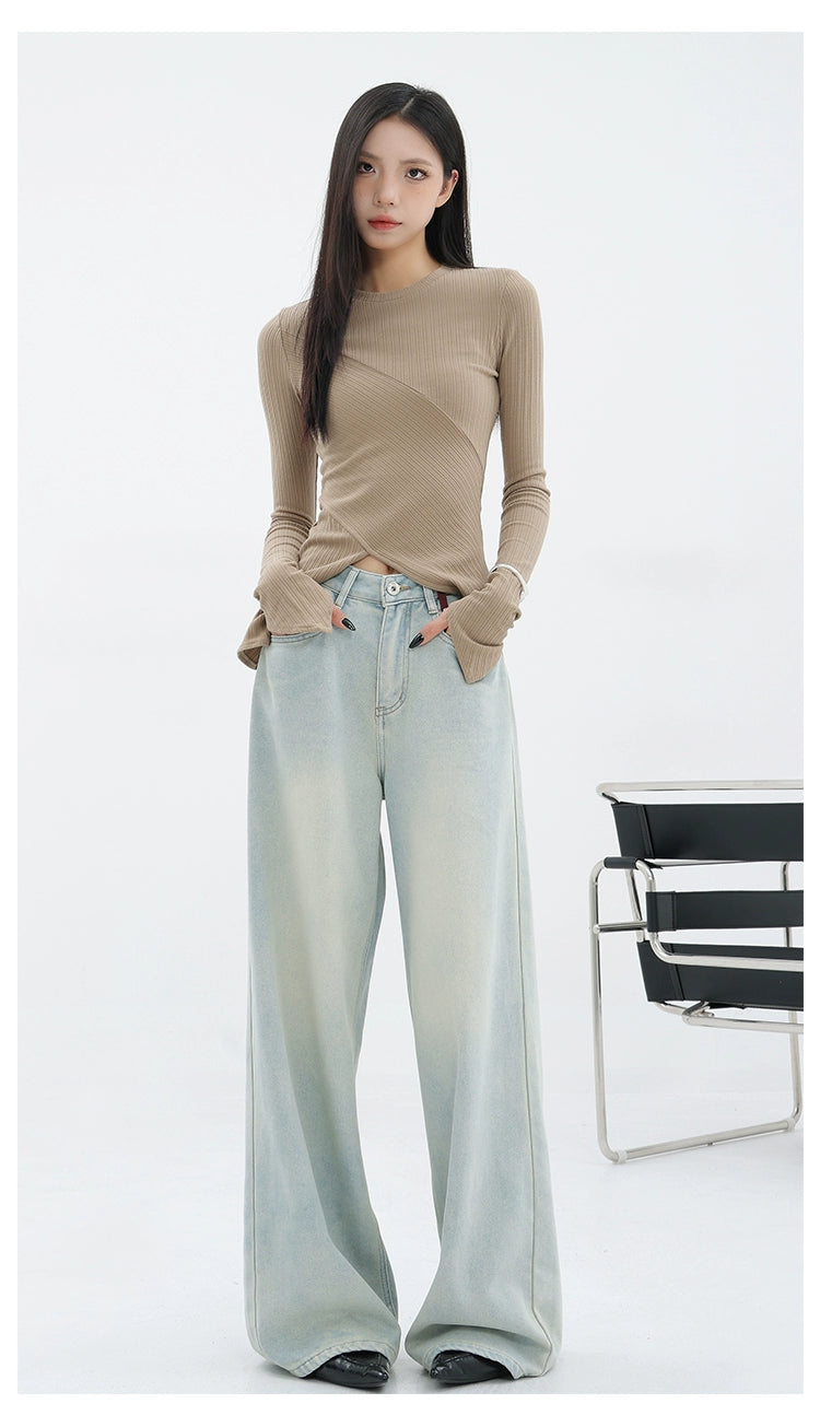 Light Blue Loose Straight Wide-leg Denim Pants With Embroidery Design