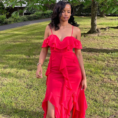 Clothing Color Dress Spaghetti Straps Sleeveless Ruffled Irregular Asymmetric Maxi Dress