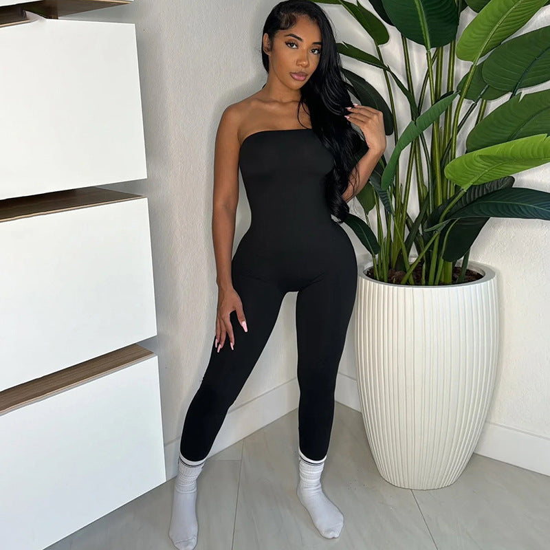 Autumn Winter Slim Fit Tube Top Backless Tight Fitting Color Sports Trousers Jumpsuit