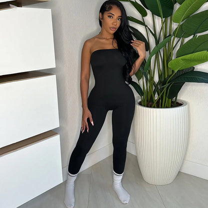 Autumn Winter Slim Fit Tube Top Backless Tight Fitting Color Sports Trousers Jumpsuit