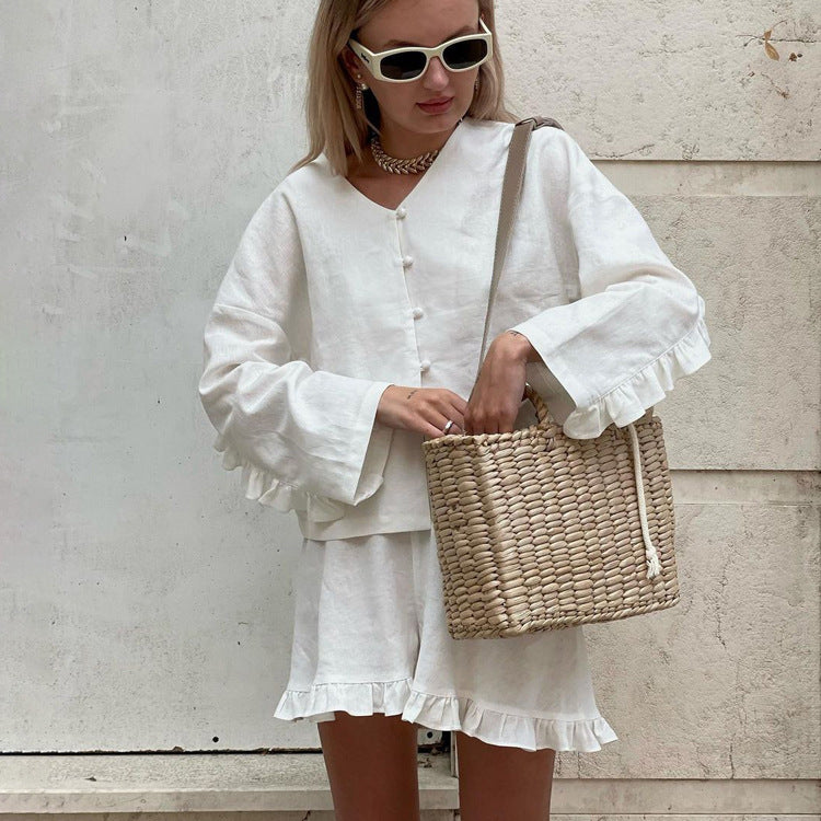 Clothing Summer Suit Beige Long Sleeve Loose Shirt High Waist Shorts Two Piece Set