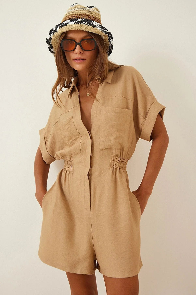 Short Sleeve Waist Controlled Loose Slimming Cotton Linen Wide Leg Shorts