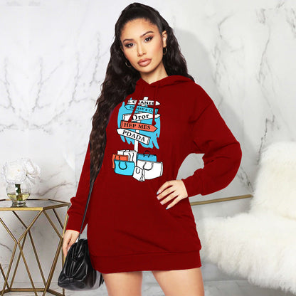 Autumn Winter Fleece Sweater Print Hooded Mid Length Top