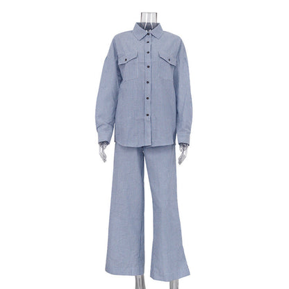 Blue Color Striped Collared Shirt Long Sleeve Wide Leg Pants Suit Loose Clothing