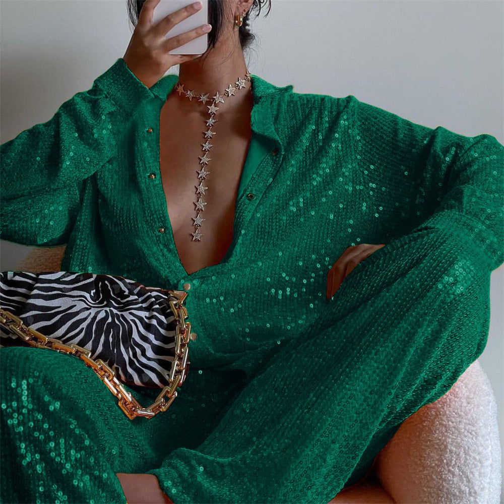 Sequined Long Sleeve Tops Shirt V Neck Vest Straight Leg Pants Three Piece Set Spring Summer Party Set