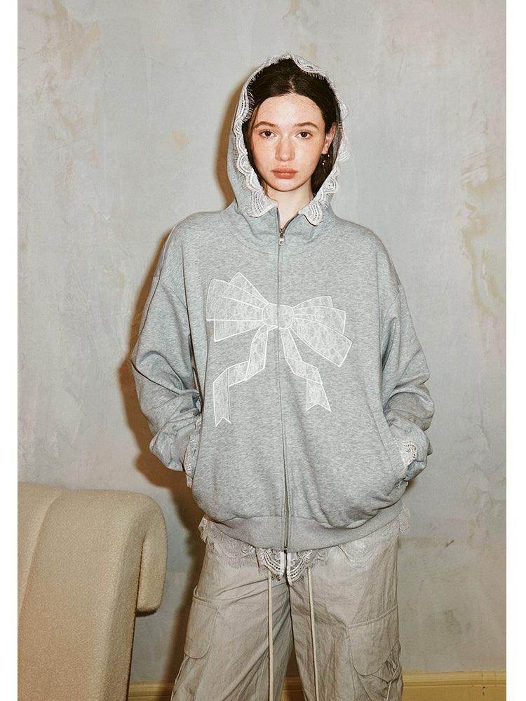 Diddi Moda Bow Print Hoodie - Gray Zip-up Sweatshirt With Lace Trim and Graphic Design