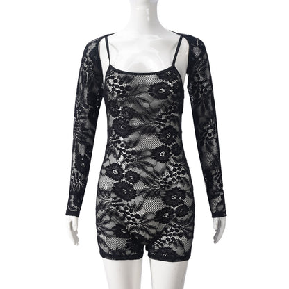 Two Piece Set Long Sleeve Tight Cutout Strap Lace Jumpsuit