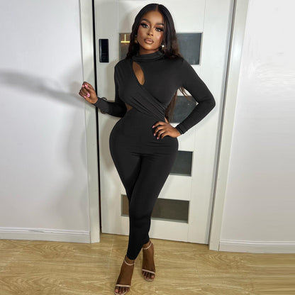 Cutout Color Round Neck Pullover Long Sleeve One Piece Trousers Tight Fitness Jumpsuit for