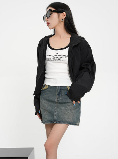 Textured Contrast Duo: Ivory Puff-sleeve Crop Blouse & Black Quilted Bomber Jacket Set
