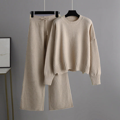 Autumn Winter Knitting Work Pant Korean Loose Sweater Wide Leg Pants Pants Two Piece Set