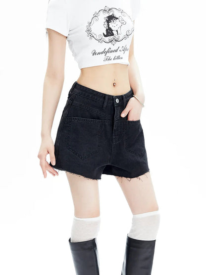 High-waisted Chevron Denim Shorts