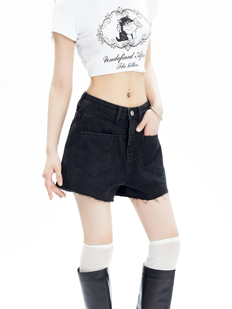 High-waisted Chevron Denim Shorts