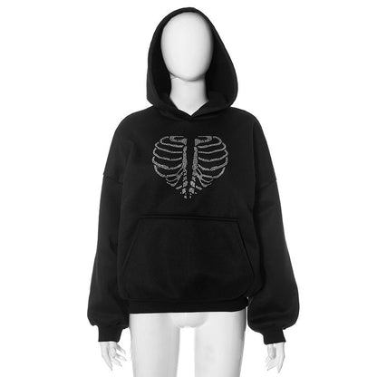 Skeleton Rhinestone Loose Hooded Sweatshirt Top Autumn Winter
