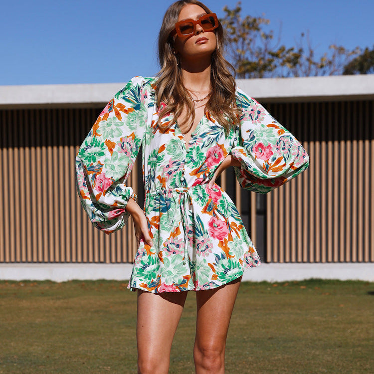 Clothing Autumn Deep V Plunge Plunge Lace Printing Lantern Sleeve Romper