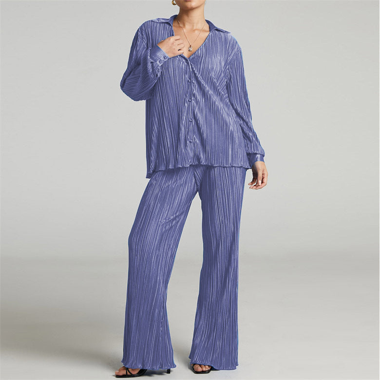 Summer Suit Clothing Pleated Long Sleeve V Neck Shirt Pants Two Piece Set