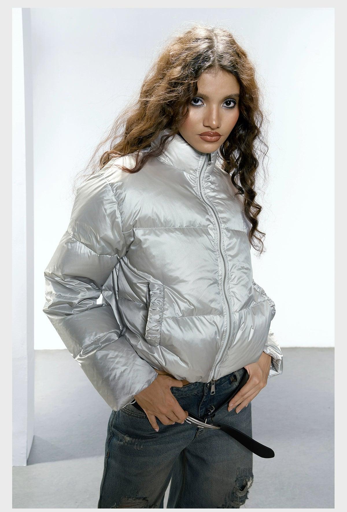 Strike a Pose Cropped Puffer Jacket - Pastel Quilted Down Coat With Zip Front and Ruched Pockets