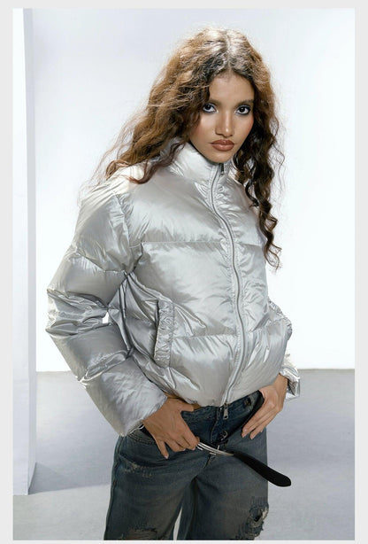 Strike a Pose Cropped Puffer Jacket - Pastel Quilted Down Coat With Zip Front and Ruched Pockets