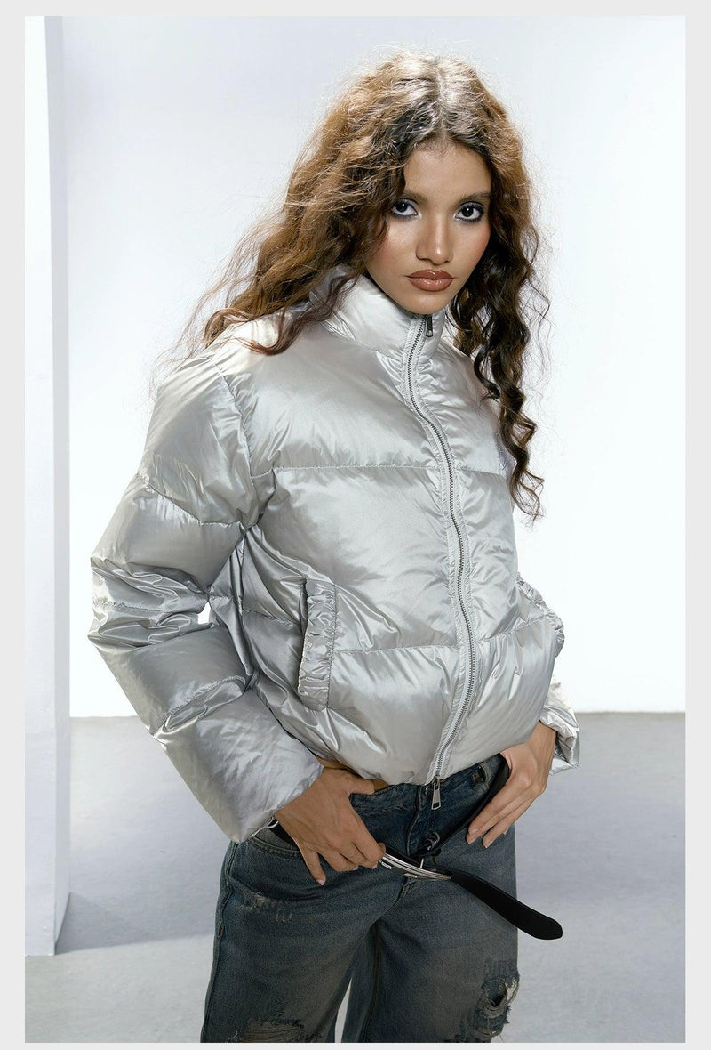 Strike a Pose Cropped Puffer Jacket - Pastel Quilted Down Coat With Zip Front and Ruched Pockets