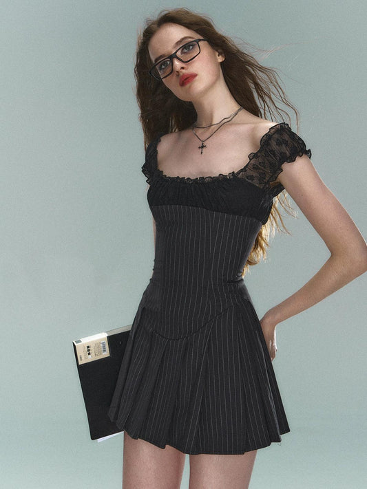 Pinstripe Lace-trim Mini Dress - Cap Sleeve Square Neck Fit and Flare Cocktail Dress