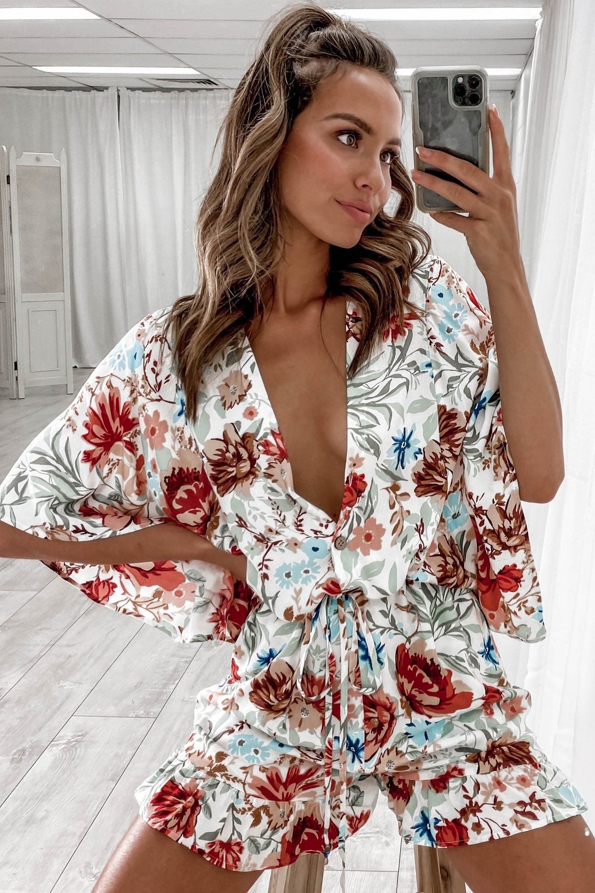 Summer Clothing Printed V Neck Ruffled Short Sleeves Loose Jumpsuit