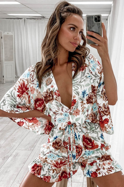Summer Clothing Printed V Neck Ruffled Short Sleeves Loose Jumpsuit