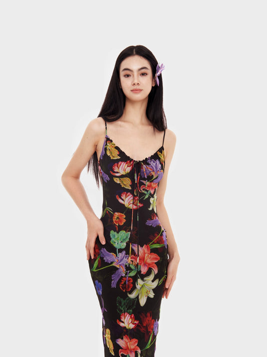 Black Tropical Print Maxi Dress