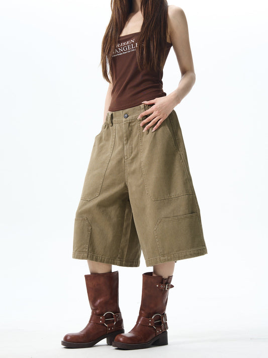 Khaki Wide-leg Cargo Shorts