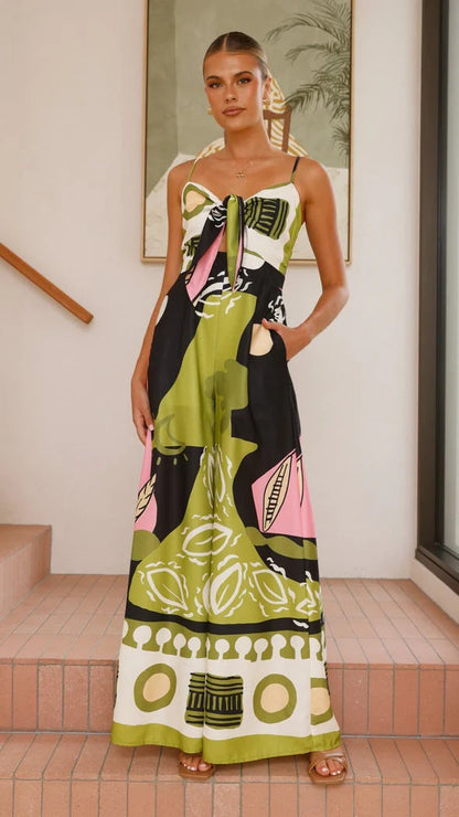 Spring Summer Jumpsuit Cropped Print Sling Wide Leg Jumpsuit
