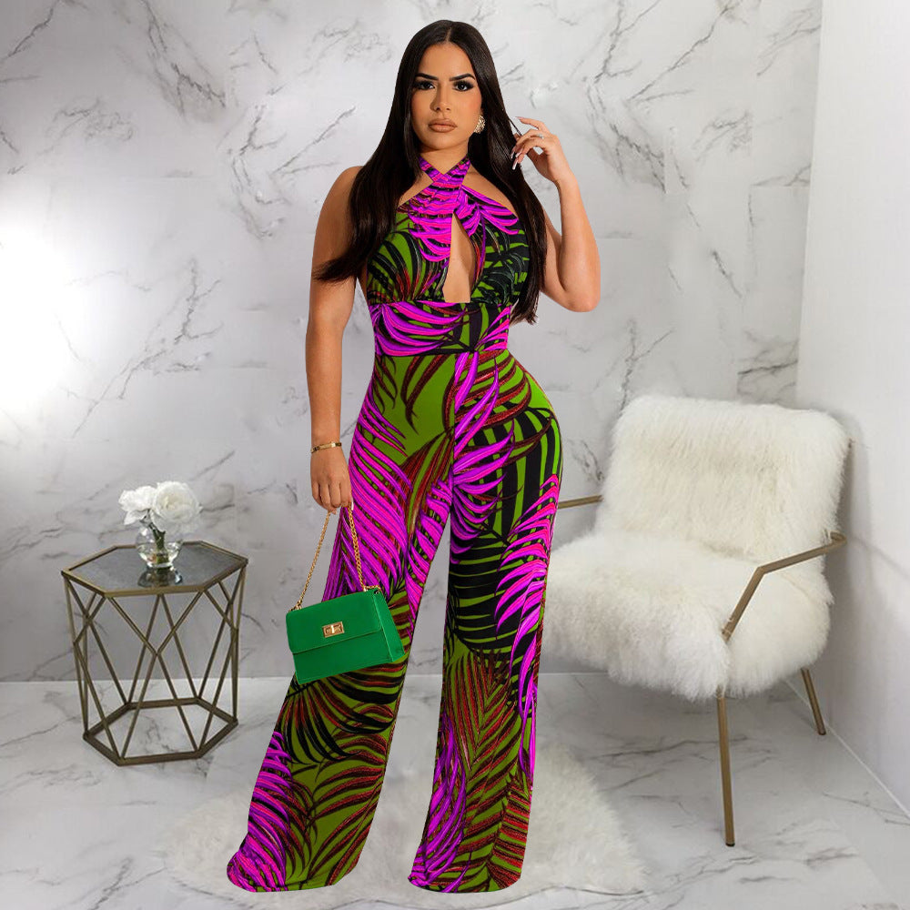Clothing Sleeveless Backless Lace Up Printed Jumpsuit