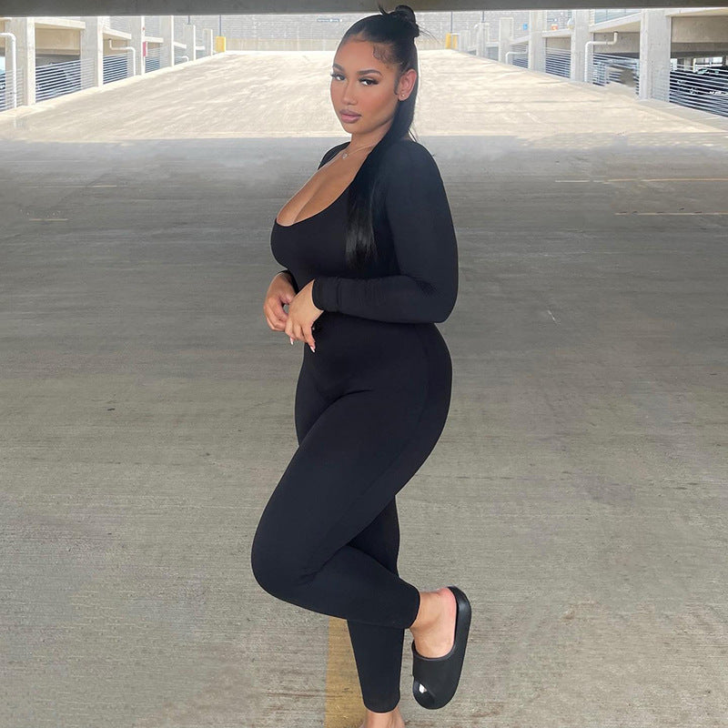 Soft High Elastic Long Sleeve Tights U Collar Stitching Trousers Jumpsuit