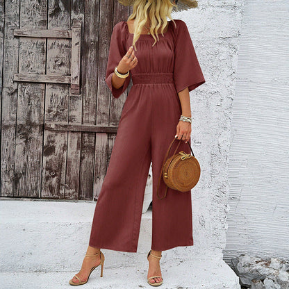 Jumpsuit Spring Summer Color Short Sleeve Wide Leg Pants