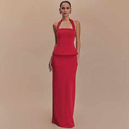 Spring Color Halter Top Backless Slim Fit Maxi Dress Two Piece Set