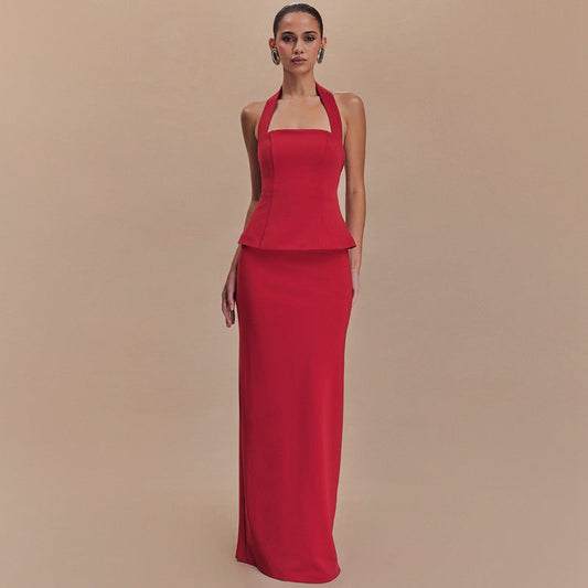 Spring Color Halter Top Backless Slim Fit Maxi Dress Two Piece Set