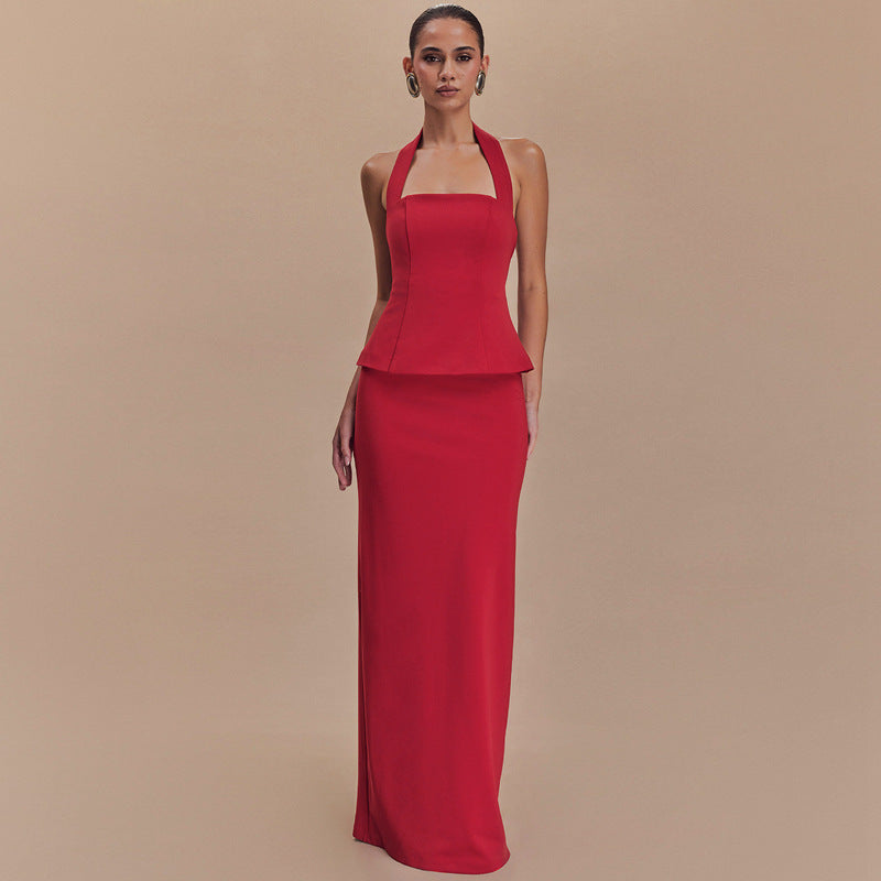Spring Color Halter Top Backless Slim Fit Maxi Dress Two Piece Set